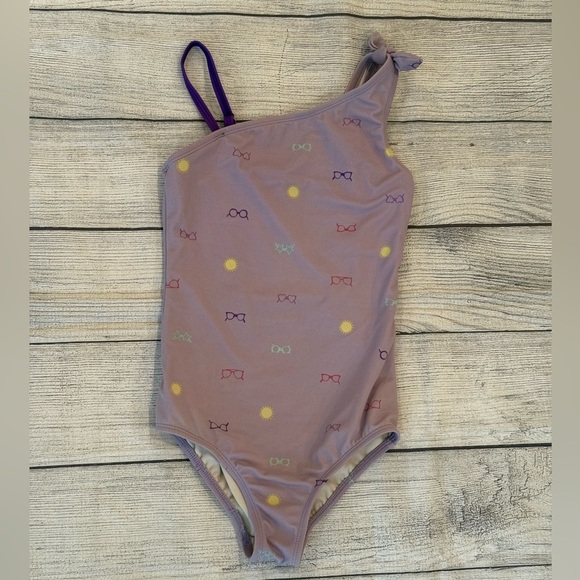 LANDS END girls One-Shoulder lilac Swimsuit with Bow Print/size 8S - Picture 2 of 6